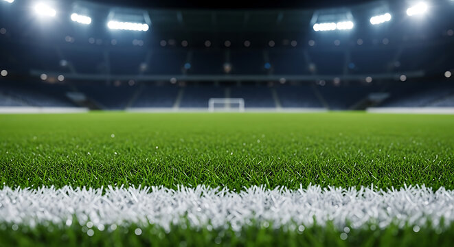 Empty professional soccer stadium grass field at night with bright floodlights football professional competition floodlight tournament championship capacity crowdless