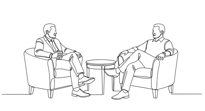 Two men having a casual conversation on armchairs