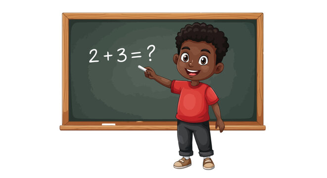 Cartoon boy pointing at blackboard with math problem