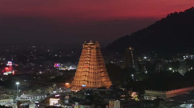 Aerial Night View of Arunachaleswarar Temple Tiruvannamalai at Tamil Nadu