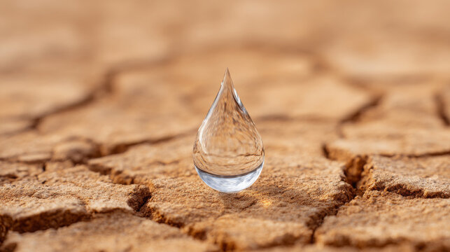 Single water droplet resting on cracked dry soil surface, highlighting the contrast between moisture and drought conditions in an arid environment