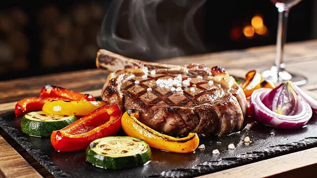 Juicy grilled tomahawk steak with roasted vegetables and wine