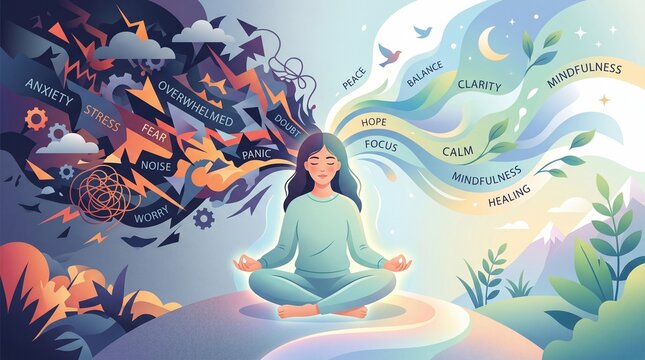 Mental health awareness woman in yoga pose on an abstract background