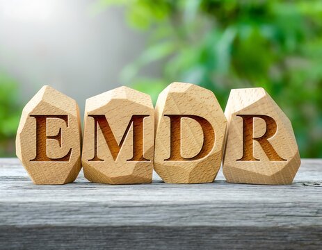 EMDR Therapy Wooden Blocks on a Rustic Wooden Surface with Greenery.