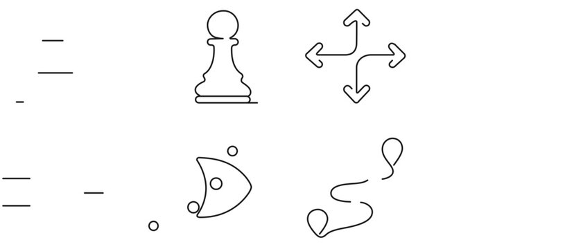 Vector icon set of 4 minimalist line icons for AI and advanced computing, featuring a chess pawn for NPC behavior, directional arrows, a logic gate, and a map path for navigation and pathfinding.