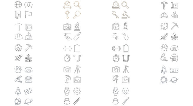 Mega Vector Icon Set Collection of 76 Minimalist Line Icons Bundle featuring Architecture, Fitness, Art Gallery, Photography, Space Tourism, Pet Care, Watchmaking, Antiques, and Language Learning.