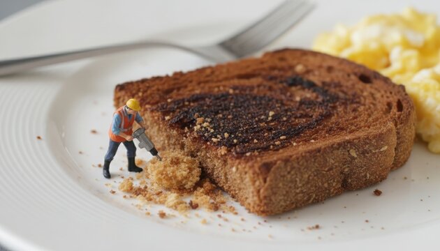 Tiny worker breaks through crust of toast with jackhammer in creative kitchen scene