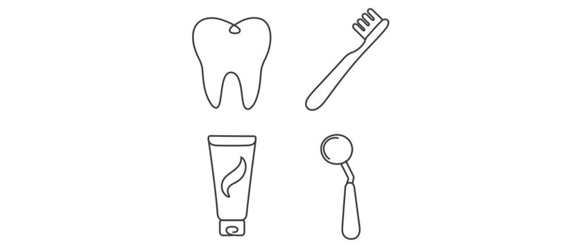 Vector icon set collection of 4 dental care icons featuring a tooth, toothbrush, toothpaste tube, and dental mirror in a minimalist continuous line art style for medical and hygiene branding.