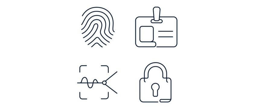 Cybersecurity and network infrastructure vector icon set collection of 4 icons featuring a biometric fingerprint, identification badge, scanning beam, and secure padlock for digital protection.