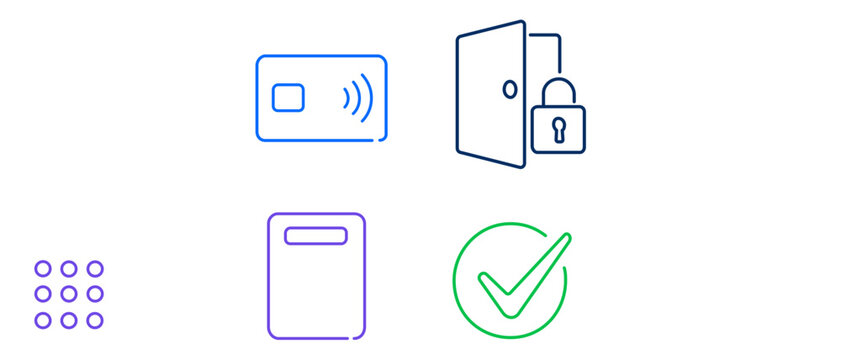 Professional vector icon set collection of 4 security and access control symbols featuring a contactless keycard, open door with padlock, digital keypad, and green checkmark for authorization.