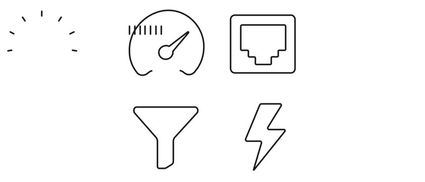 Vector icon set collection of 4 minimalist line icons for cybersecurity and network infrastructure, featuring a bandwidth speedometer, ethernet port, data filtering funnel, and lightning bolt.
