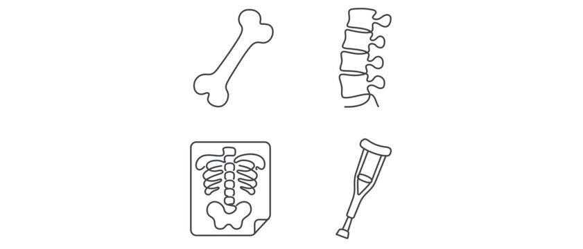 Vector Icon Set Collection of 4 Minimalist Line Art Icons for Orthopedics and Medical Diagnostics Featuring a Human Bone, Spine Vertebrae Segment, Skeletal X-ray Film, and a Walking Crutch.