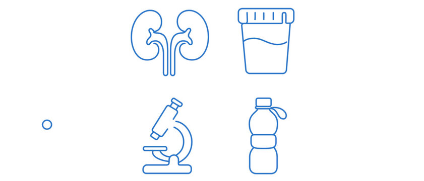 Urology and Kidney Health Vector Icon Set: Collection of 4 Minimalist Blue Line Icons Featuring Human Kidneys, Urine Sample Container, Laboratory Microscope, and Water Bottle for Hydration.