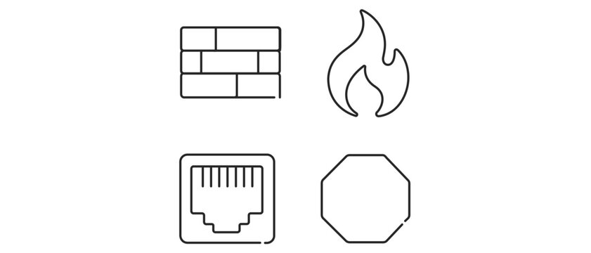 Cybersecurity and network infrastructure vector icon set collection of 4 minimalist line icons including a brick wall firewall, fire flame, RJ45 Ethernet port, and octagon stop sign symbol.