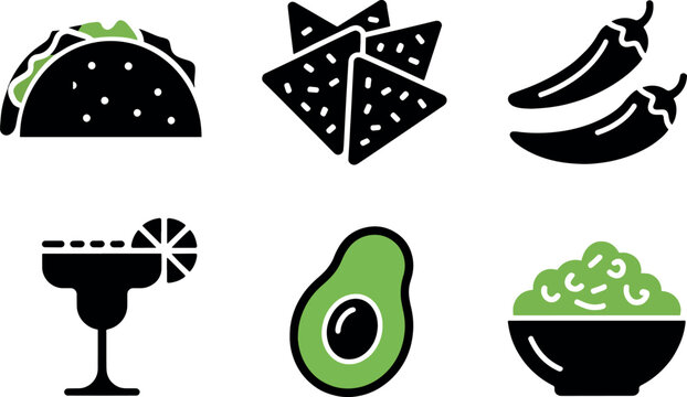 Set of mexican food and drink icons with green details perfect for a restaurant menu or a food blog.