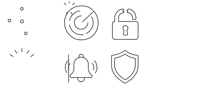 Cybersecurity and network infrastructure vector icon set collection of 4 minimalist line icons: intrusion detection radar scanner, broken padlock security breach, ringing alarm bell, and shield.