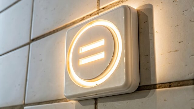 A modern, illuminated light switch with a glowing circular design is mounted on a tiled wall.