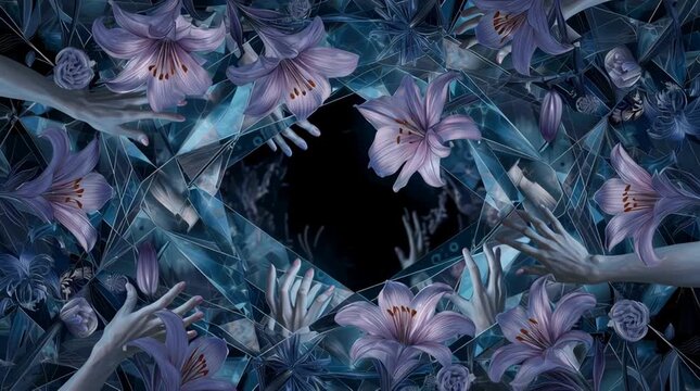 ガラスの破片と白い手と百合の花が不気味に蠢くダークな背景動画 generative ai