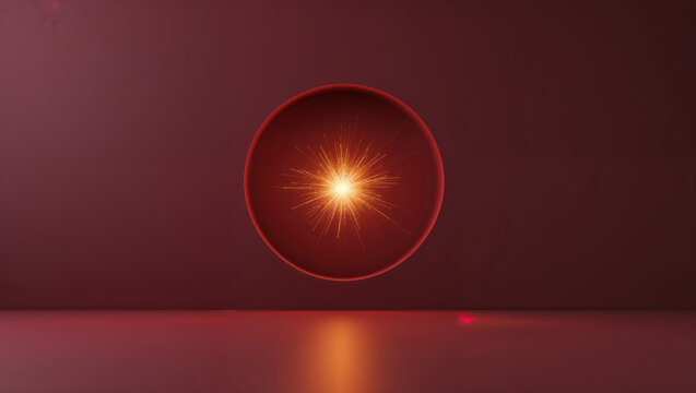 Glowing light inside black ring on red background, minimal abstract composition with bright energy burst and futuristic geometric design