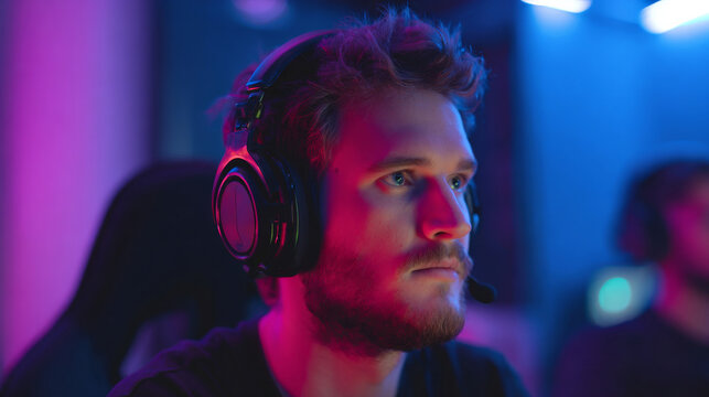 Gen z male gamer wearing headset while playing online with friends, medium close-up, rgb-lit gaming room, focused expression, modern tech setup, cinematic ambient lighting