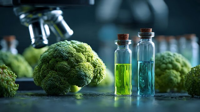 Close-Up of Broccoli Florets Next to Microscopic Glass Vials with Colored Liquids