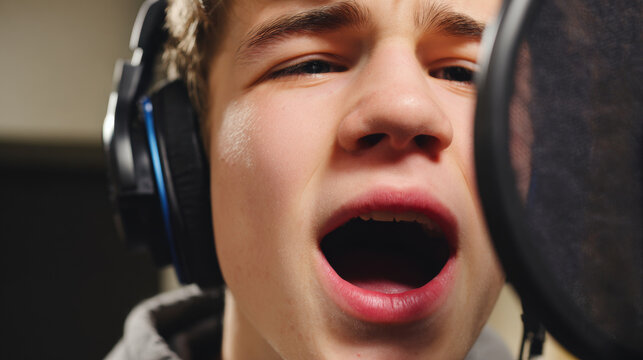 Editorial style close-up of a teenage boy enjoying singing with headphones while recording vocals, shallow depth of field, studio microphone visible with empty backdrop