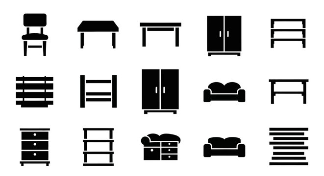 Furniture Collection: A concise silhouette series of essential domestic furniture, neatly arranged to represent a furniture collection with an emphasis on modern minimal design.
