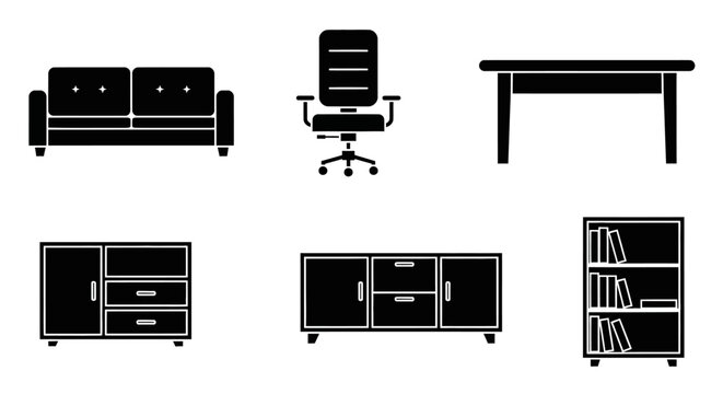 Office Furniture Set: A monochrome illustration of a collection of office furnishings including a sofa, office chair, desk, cabinet, sideboard, and bookshelf, all in a uniform and minimalist design. 
