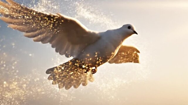 White dove flying with golden particle light, Holy Spirit symbol for Pentecost and divine grace concept.