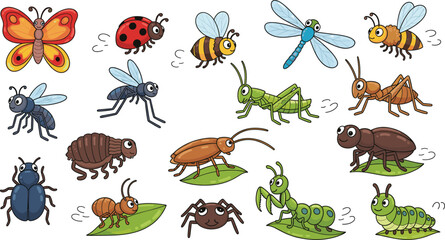 Naklejka premium Cute Insect Illustration Set with Butterflies, Bees, Ants, Dragonflies, Ladybugs, and More for Nature, Bugs, and Outdoor Themes