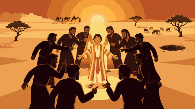Biblical illustration of young Joseph wearing a colorful coat surrounded by his angry jealous brothers pointing at him in a sandy desert landscape at warm beautiful golden sunset