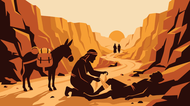 A biblical illustration of the good samaritan helping an injured man on a desert road with a donkey nearby and two figures walking away in warm orange and brown tones