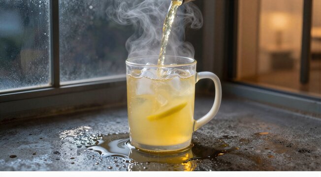 Glass mug steaming lemon drink being poured on windowsill