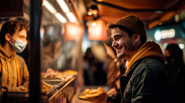 Gen z male smiling while ordering food at street food stall with friend, close-up candid moment, lively urban evening market lights, warm atmosphere