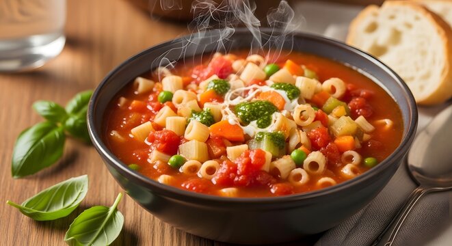 Hearty and steaming bowl of minestrone soup with ditalini pasta and fresh basil garnish