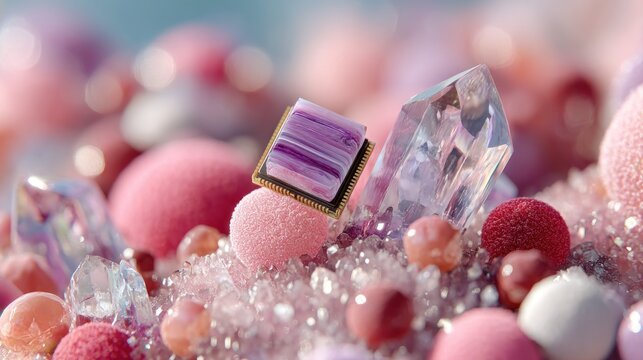 Purple Square Microchip Resting on Crystal and Pink Orbs in Dreamy Glitter Scene