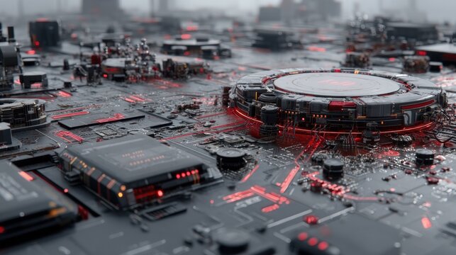 Futuristic Circuit Board Landscape with Glowing Red Accents