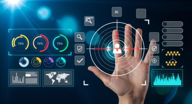 Futuristic interface showing customer data analytics and AI-driven target audience identification. Ideal for marketing, CRM, and business intelligence concepts.