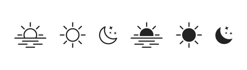 Time of the day icons showing morning sunrise, bright noon sun, evening sunset, and night moon with stars. Morning, noon, and nighttime icons with sun, moon, and sunrise, minimal vector illustration