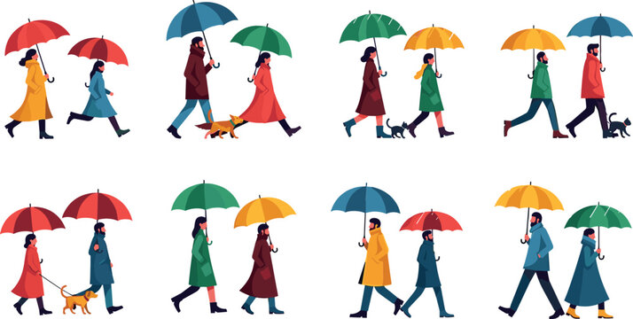 Set of People Walking with Umbrellas in Different Colors and Outfits for Weather, Rainy Day, and Urban Illustration