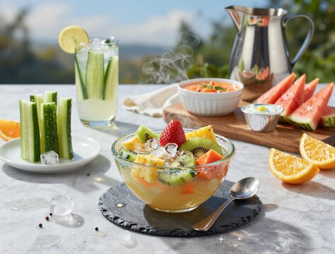 Fresh fruit salad bowl with citrus drinks on patio table