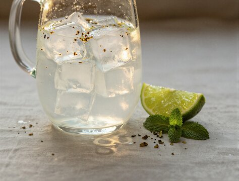 Glass of lime drink with ice and mint on cloth table
