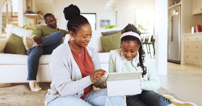Online education, mom and child with tablet in house, smile and help with homework on web in lounge. Happy, black woman and elearning with girl for knowledge, growth and development with tech in home