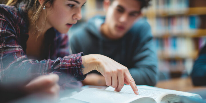 Close up of female student helping classmate study while pointing at textbook page in library, medium close-up learning moment, bookshelves background softly blurred with subtle shadows