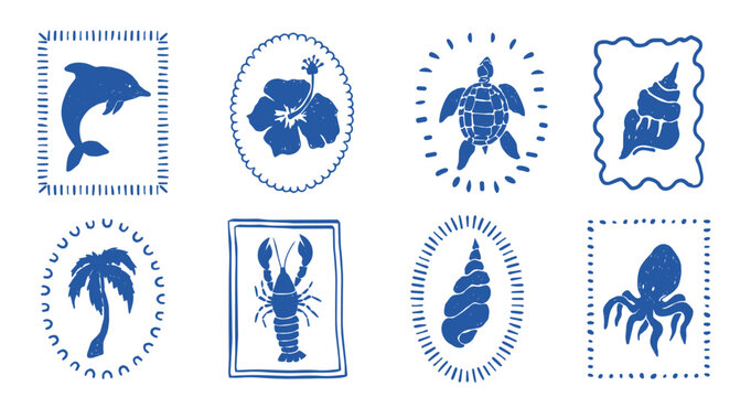 Vintage marine stamp silhouette. Linocut crab, seahorse and shrimp, seashell. Marine animals set in vintage nautical style. Underwater reef and ocean plants flora