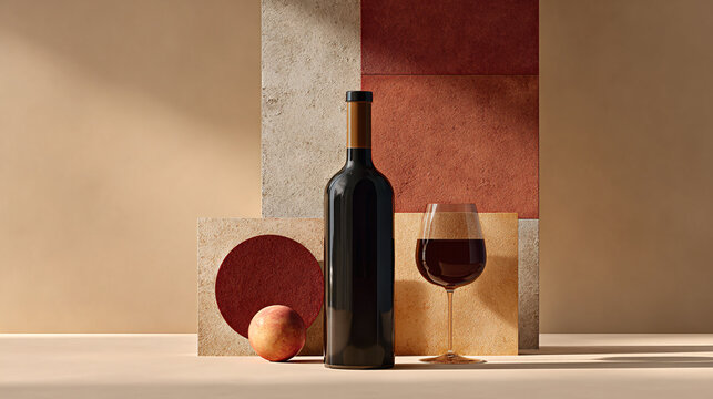 Red wine bottle and glass with peach on stone background, minimalist composition for luxury lifestyle Elegant still life photography featuring organic textures, warm earth tones, and sophisticated moo