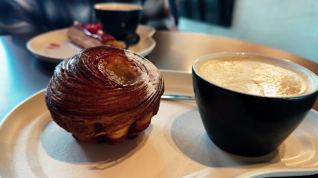 Cappuccino and chausson aux pommes on table in French cafe, cozy breakfast scene. High quality 4k footage