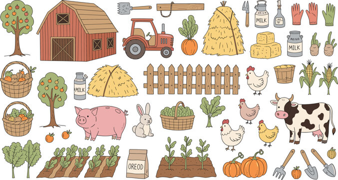 Farmyard Illustration Set with Barn, Tractor, Animals, Crops, Haystacks, and Farming Tools for Rural, Agriculture, and Harvest Themes