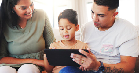Fototapeta premium Online education, parents and child with tablet in lounge, growth and development with subscription. Home, happy people and family with tech for knowledge, elearning and bonding with kid on weekend