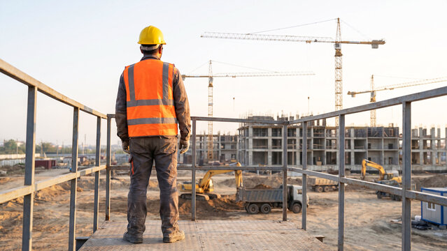 Civil Engineer On Platform Overlooking Large Building Site With Cranes And Concrete Frames, Safety Vest, Site Supervision, Construction Management, Engineering Concept